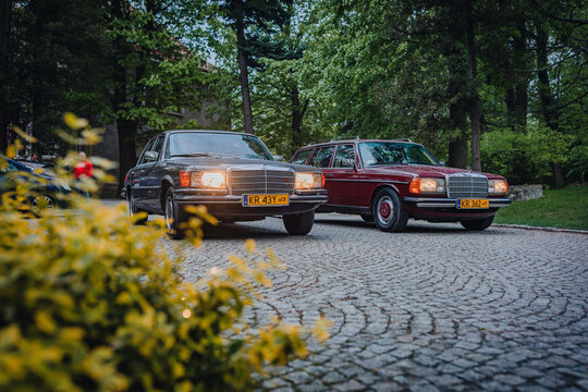 POLAND, Bielawa - April 22, 2024 - Mercedes S-class V8 3,5 liters , W116, model 350SE and Mercedes-Benz 230 TE, part of the W123 series. Vintage cars.