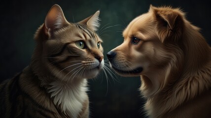 Fototapeta premium A cat and a dog look at each other with curiosity and affection, their heads close together against a dark background.