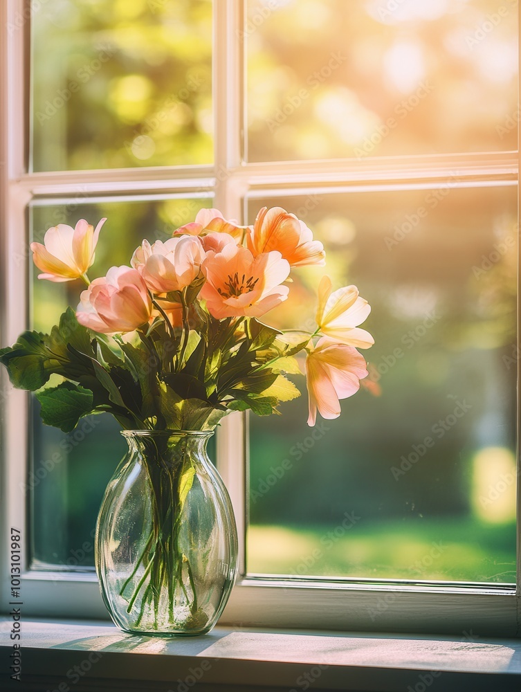 Wall mural A bright arrangement of pink flowers in a glass vase catches golden sunlight streaming through the window in the afternoon. Generative AI