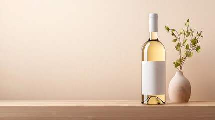Elegant White Wine Bottle on Wooden Shelf with Vase