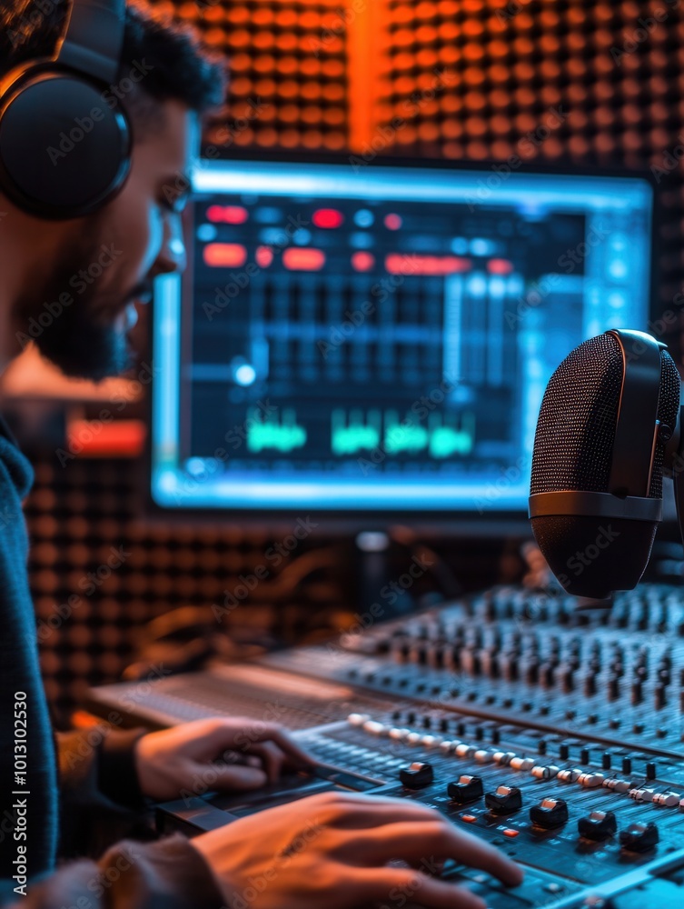 Fototapete the podcaster interacts with a soundboard, capturing dynamic audio in a stylish recording studio fil