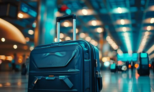 An airport banner features luggage suitcases, symbolizing vacation and holiday travel concepts. The design includes ample copyspace, perfect for adding promotional text or travel-related messages.