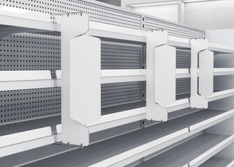 Close-up of shelf stoppers mockup and supermarket shelves with shelf talkers. 3d illustration