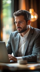 A focused man in a suit working on his laptop in a stylish cafe, embodying professionalism and concentration.