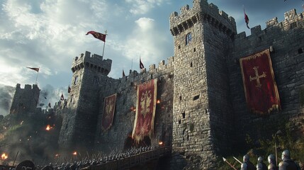 Medieval castle under attack by soldiers.