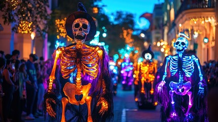 festive Halloween parade with floats featuring witches, skeletons, and ghosts, as the streets are...