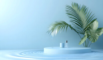 Obraz premium 3D render of a podium with summer beach elements, a blue background design