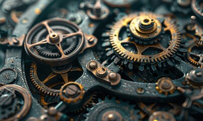 Intricate clockwork gears in a steampunk device, 4K hyperrealistic photo.
