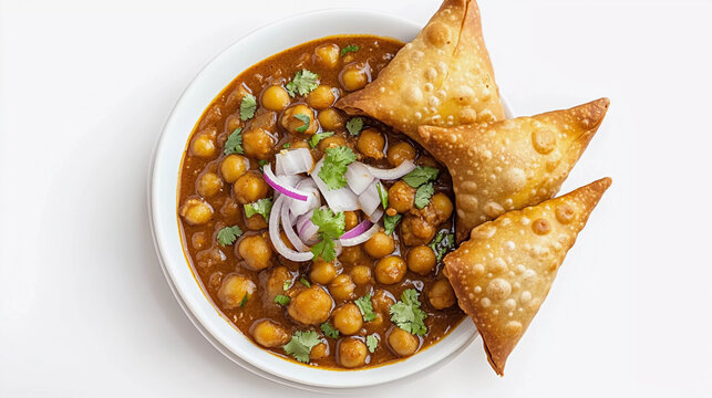Samosa served with choley on white background 