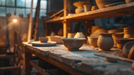 Beautiful pottery displayed on wooden shelves in a warm, serene pottery studio, highlighting handmade ceramic art and craftsmanship.