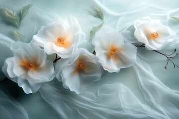 Obraz premium ethereal white blossoms with soft orange centers on delicate branches against a flowing sheer fabric backdrop in soft pastel tones