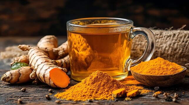 Fresh turmeric root and powder displayed next to a cup of turmeric tea