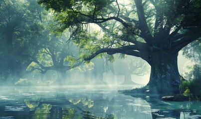 Fototapeta premium Ancient grove sanctuary in mist, 4K hyperrealistic photo