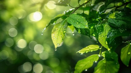 Fresh green leaves with water droplets glistening in the sunlight create a refreshing and serene nature background.
