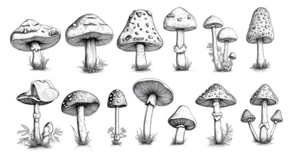 Black Trippy Mushroom Set, Vector Illustration, Isolated on White Background, Psychedelic and Nature Concept

