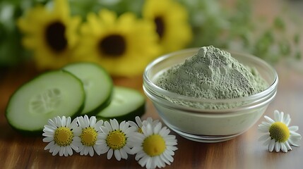 Herbal face mask preparation, with fresh cucumber and chamomile next to a bowl of mixed ingredients