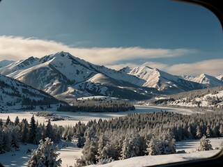 Winter landscape of snow-covered mountains seen from a train window.