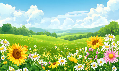 Fototapeta premium Beautiful green grass, blue sky, and white clouds. Colorful flowers in the foreground sunflowers, daisies, pink lilies, and purple tulips. Green hills and trees on both sides. Simple background design