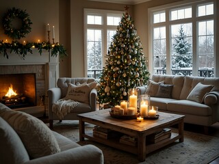 Winter living room adorned for Christmas with a festive atmosphere.