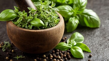 Mortar and pestle with various fresh herbs like basil, thyme, and oregano in a cozy kitchen setting