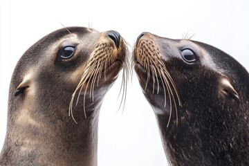 Obraz premium Mystic portrait of Sea Lions in studio, copy space on right side, Close-up View, isolated on white background