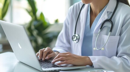 Female Doctor Using Laptop for Medical Consultation in Hospital Setting