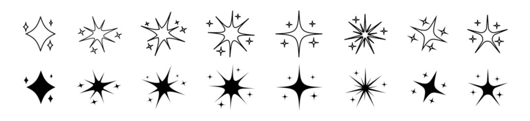 Black sparkle set. Signs of shining and twinkling start. Space minimalistic icons outline.