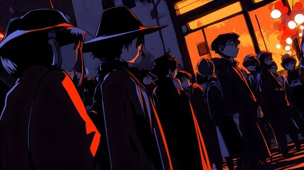 A group of diverse individuals in silhouette at sunset, showcasing fashion and urban style.