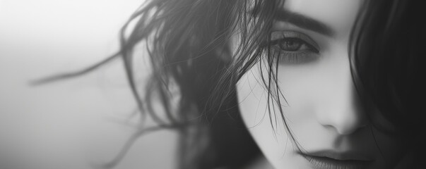 Naklejka premium Black and white close-up of a woman's face, elevated view, soft and dreamy bokeh effect in the background, 4K hyperrealistic photo