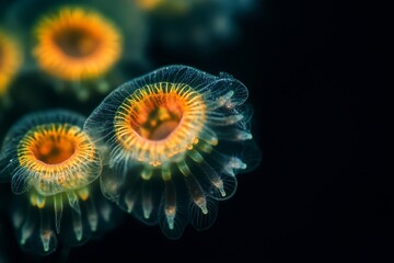 Mystic portrait of Foraminifera Zooplankton, copy space on right side, Close-up View, isolated on black background