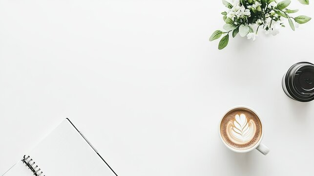 A flat lay of a beautifully designed notebook open to a motivational quote, surrounded by flowers and a coffee cup, promoting positivity and creativity. --chaos 70