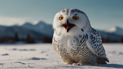 Fototapeta premium A snowy owl with its mouth open, perched on a snowy field with mountains in the background.