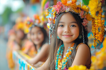 Fototapeta premium Smiling Asian girl with traditional headdress of colorful flowers.