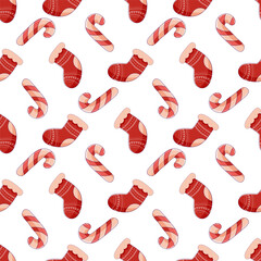 Seamless Christmas pattern with lollipop, cane and sock for gifts.