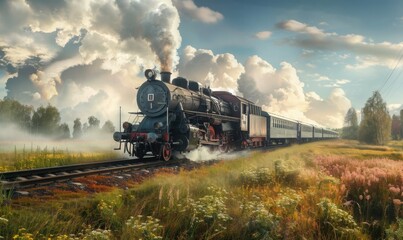 Fototapeta premium Vintage steam locomotive chugging through countryside, 4K hyperrealistic photo