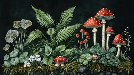 Detailed botanical illustration with plants and mushrooms