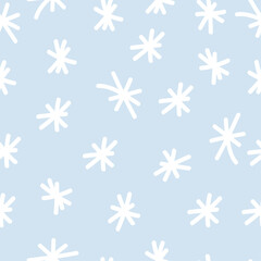 Hand drawn snowflake seamless pattern. Winter season background. Simple Christmas backdrop. Snow on blue background.	
