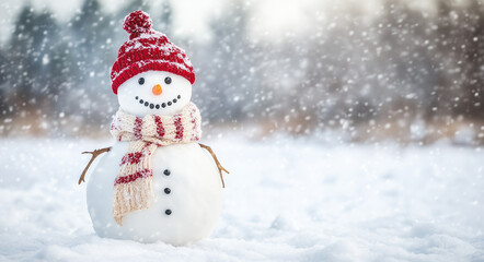 Obraz premium Snowman wearing a scarf stands in a winter landscape 