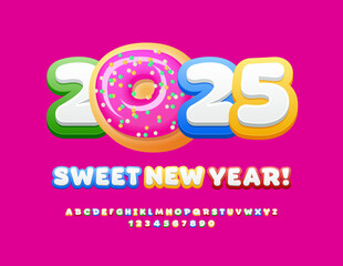 Vector delicious Greeting Card Sweet New Year 2025! Cute Children Font. Bright Colorful Alphabet Letters and Numbers set