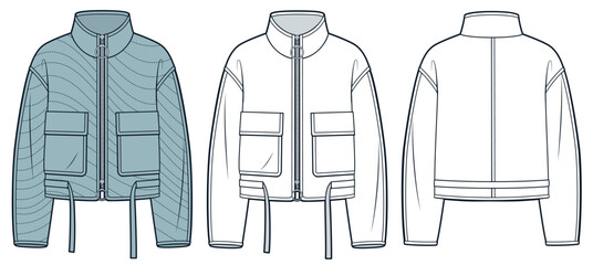 Down Jacket technical fashion Illustration. Light Quilted Jacket fashion flat technical drawing template, drawstring, pockets, zipper, front, back view, white, blue, women, men, unisex CAD mockup set.