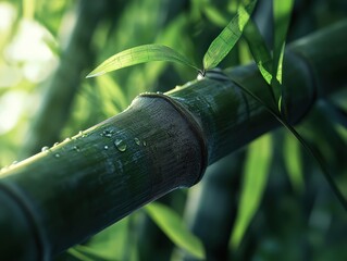 A vivid close-up of bamboo stalks adorned with fresh dewdrops, set against lush greenery,...