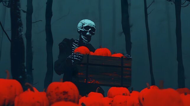 A creepy skeleton holding a crate of glowing pumpkins in a misty forest.