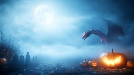 A glowing red dragon towering over a misty graveyard filled with pumpkins and dry leaves, with fog rolling in and a full moon overhead, ideal for spooky Halloween ads