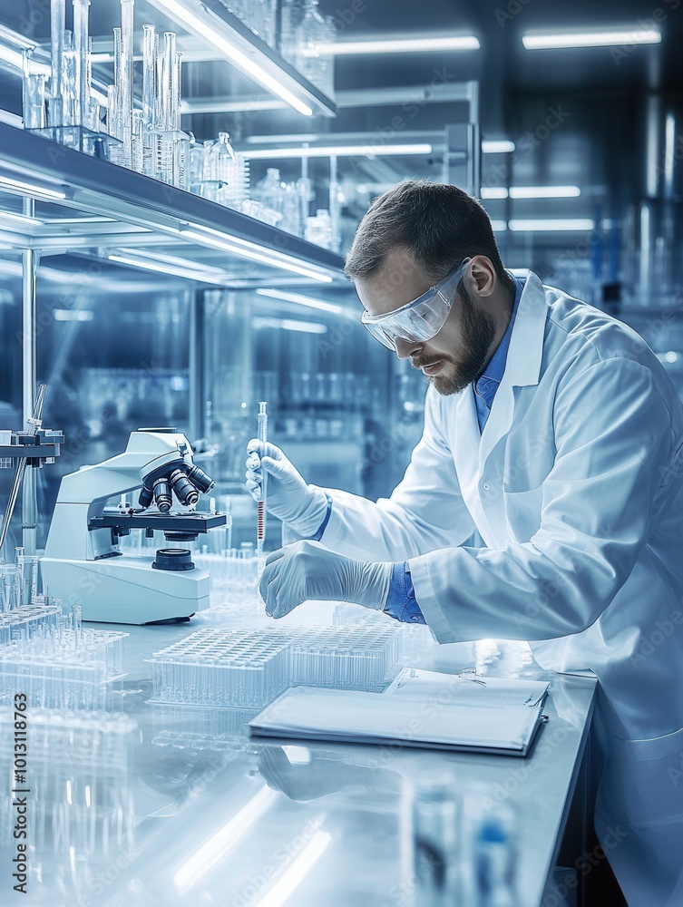 Poster A dedicated scientist in a white lab coat carefully manipulates test tubes and samples while conducting experiments in the lab. Generative AI