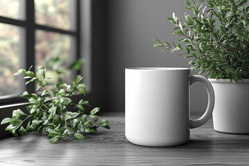 White cup of coffee on wooden table Mockup background