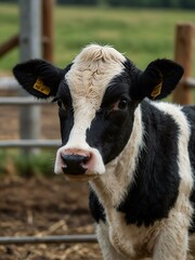Young black-and-white calf on a dairy farm.