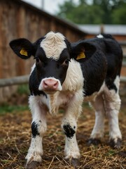 Young black-and-white calf on a dairy farm.