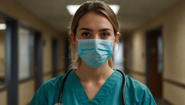 Young female healthcare professional wearing a mask in a hospital corridor.