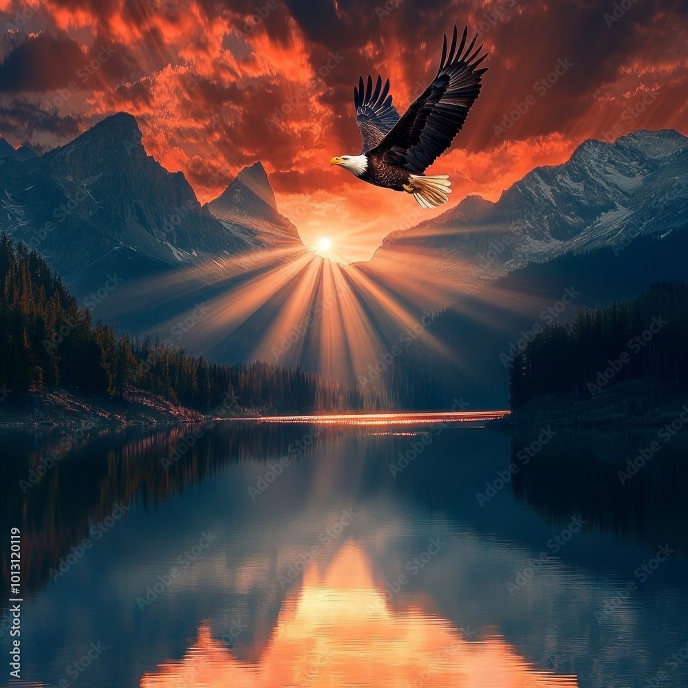 Wall mural A majestic eagle glides over a serene lake at sunset. Stunning mountains rise in the background. The warm colors create a peaceful atmosphere. This image captures the beauty of nature. AI