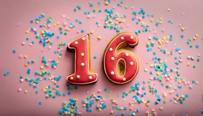 Decorated cookie, number 16, image for birthday or anniversary celebration